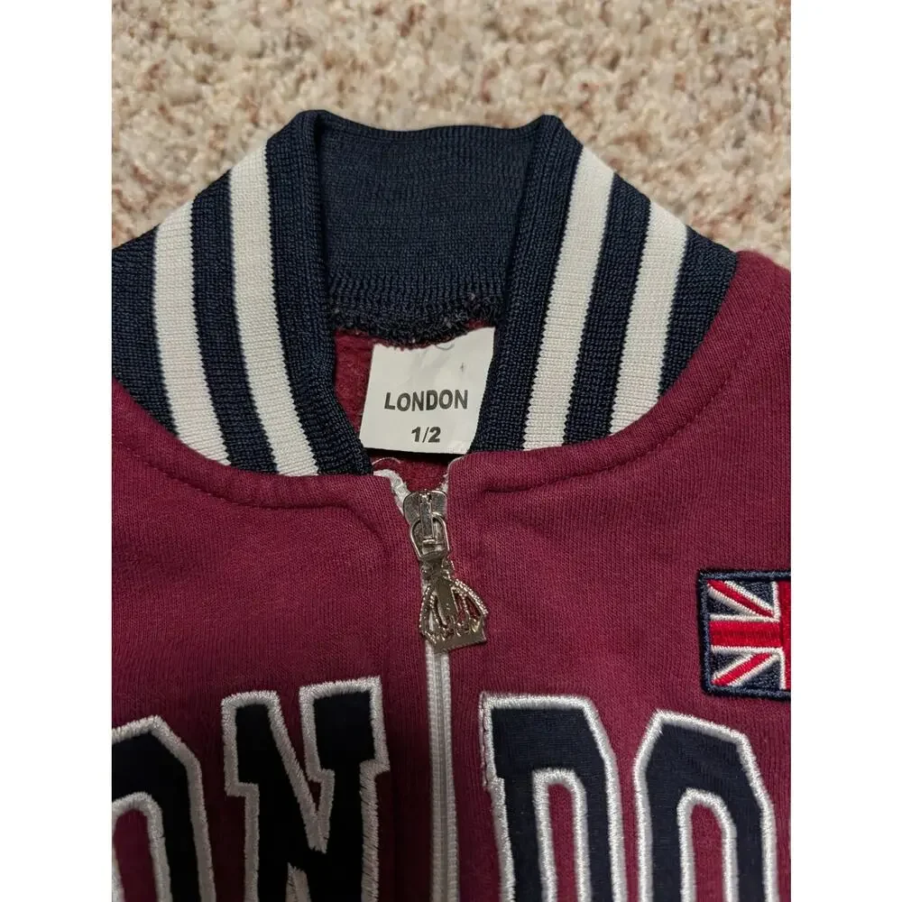 London Toddler Boys Maroon Cream Varsity Jacket Souvenir Bomber Coat Size 1/2